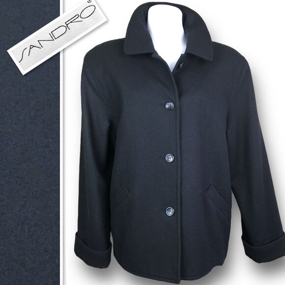 SANDRO Paris 100% Wool Classic Lightweight Shirt-collar Coat In Deep Black Sz 12 - Picture 4 of 14